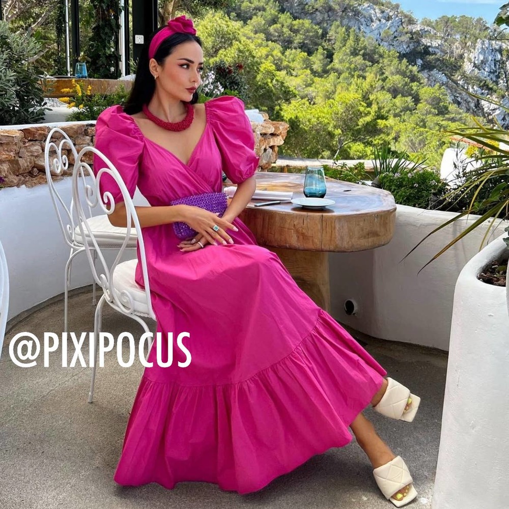 ZARA PUFF SLEVEVE POPLIN LONG DRESS FUCHSIA
